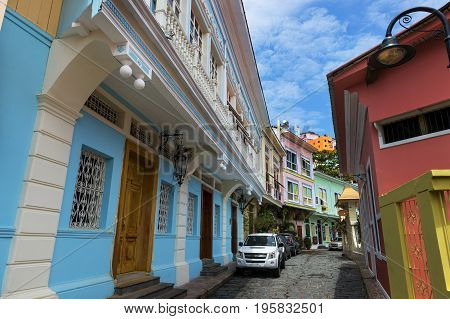 Guayaquil Ecuador - January 21 2014: Colorful houses in the street of the Las Penas neighborhood in the city of Guayaquil in Ecuador South America