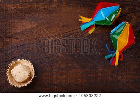Wooden Background With Wicker Hat For Brazilian Festivel Festa Junina