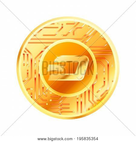 Bright golden coin with microchip pattern and Dash sign. Cryptocurrency concept isolated on white