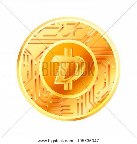 Bright golden coin with microchip pattern and Digibyte sign. Cryptocurrency concept isolated on white