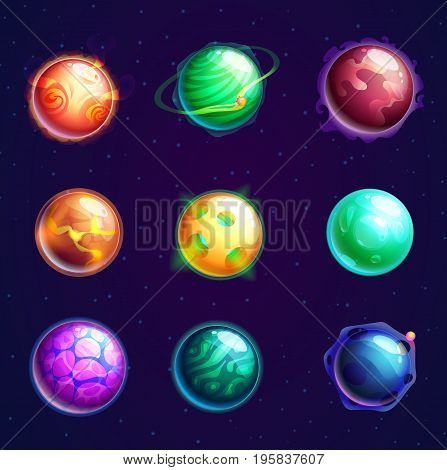 Set of planets with satellites or cosmos universe spherical star objects, isolated cartoon astronomy objects with holes or craters on surface.Supernova and galaxy, science or astrology, theme