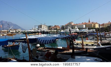 Budva, Montenegro - June 27, 2017: Boats, yachts in the beautiful Dukley Marina Budva