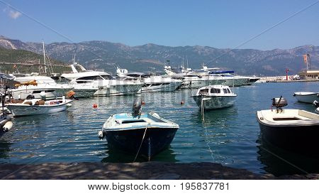 Budva, Montenegro - June 27, 2017: Boats, yachts in the beautiful Dukley Marina Budva