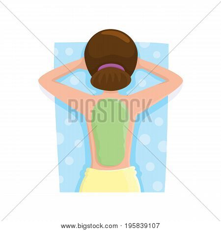 Young woman getting algae mask, mud treatment in spa salon, top view cartoon vector illustration on white background. Top view picture of woman getting mud, algae mask on her back in spa salon