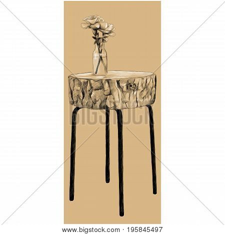 decorative table with top made of logs with a vase and flowers sketch vector graphics black and white pattern on beige background