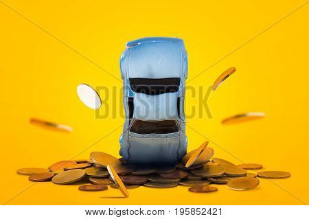 Car crash stacks golden coins with damage and gold coins falling down and explosion scene Car crash insurance and lose money. Saving Financial Installment payment Safety Travel Transport and Accident concept.