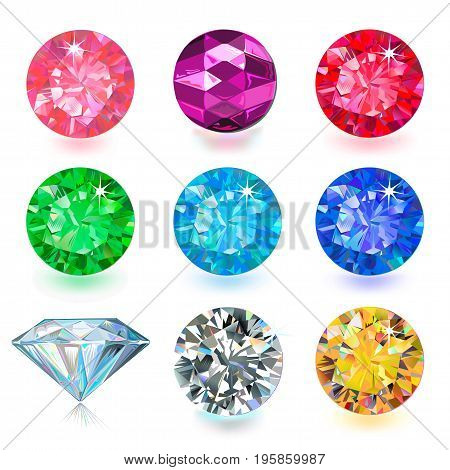 Gemstone bright flatlay set (top side view) isolated on white background vector illustration