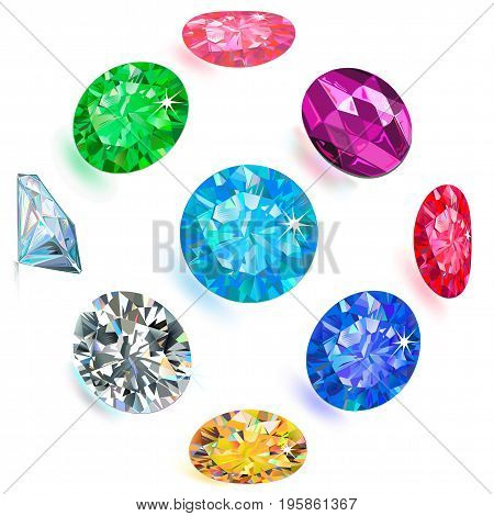 Gemstone bright flatlay set (top side view) isolated on white background vector illustration