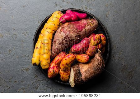 Peruvian raw ingredients for cooking - yuca, colored sweet potatoes and camote batata. Top view.