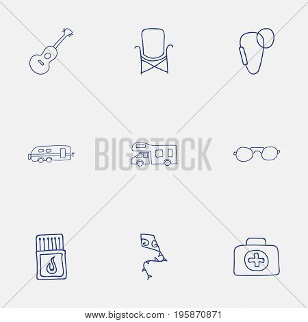 Set Of 9 Editable Camping Doodles. Includes Symbols Such As Musical Instrument, Seat, Caravan And More