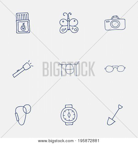 Set Of 9 Editable Camping Doodles. Includes Symbols Such As Wrist Clock, Shovel, Campfire Cooking And More