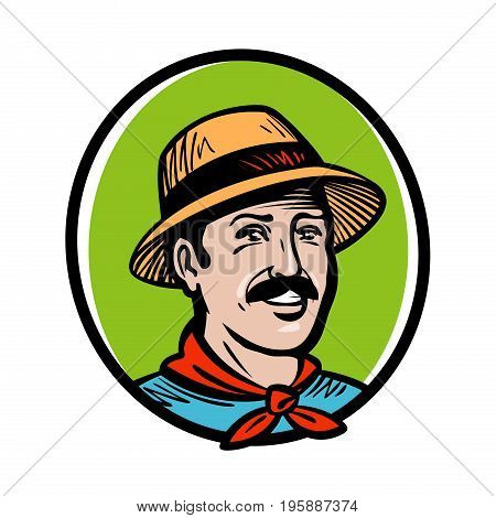 Farmer, gardener logo. Farm, farming, gardening, horticulture, agriculture label or icon. Cartoon vector illustration isolated on white background
