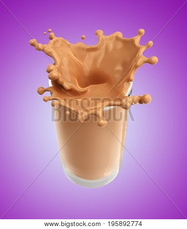 Splash of chocolate milk from the glass .Pink background. 3d rendering