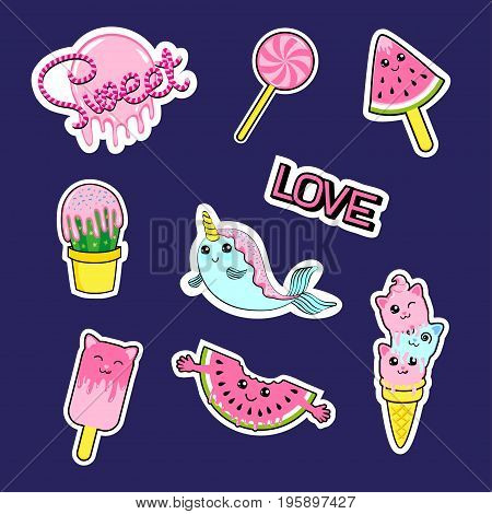 Fashion patch badges with candies watermelon love cactus seal ice cream kittens cats eyes and other. Very large set of girlish and boyish stickers patches in cartoon isolated