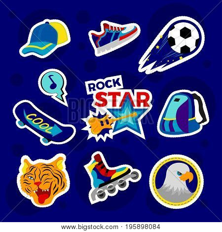 Fashion patch badges with backpack rollers ball baseball cap board and other. Very large set of girlish and boyish stickers patches in cartoon isolated.Trendy print for backpacks things clothes