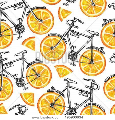 Watercolor seamless pattern bicycles with orange wheels. Colorful summer background. Original hand drawn illustration. Healthy food. Lifestyle and sport.