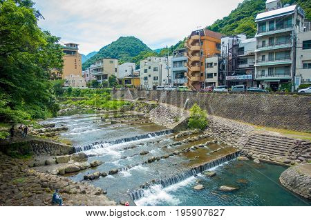 HAKONE, JAPAN - JULY 02, 2017: Beautiful view of river with a Hakone Town background.