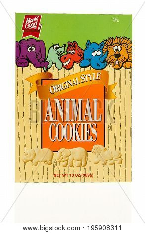 Winneconne WI - 15 July 2017: A box of Rippin Good animal cookies on an isolated background.