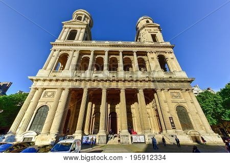 Paris France - May 16 2017: Saint-Sulpice church a Roman Catholic Church in Paris France on the east side of the Place Saint-Sulpice in the Luxembourg Quarter.