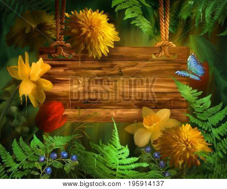 Watercolor summer background. Flowers with paint drips. Floral digital painting. Wooden signboard hanging on a rope.