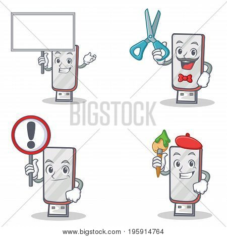 Set of flashdisk character with bring board barber sign artist vector illustration