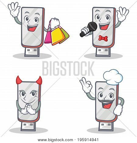 Set of flashdisk character with shopping karaoke devil chef vector illustration