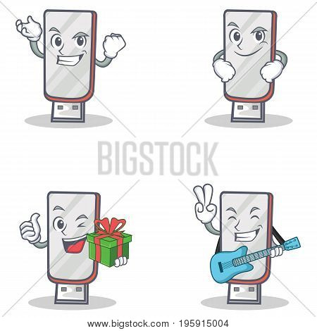 Set of flashdisk character with succesfull smirking gift guitar vector illustration