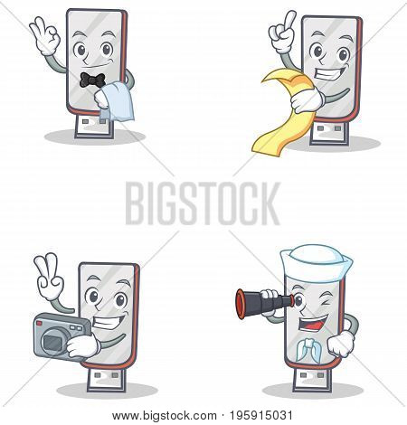 Set of flashdisk character with waiter menu photographer binocular vector illustration