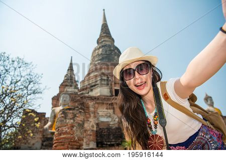 Travel Selfie Asian Woman In Ayutthaya Village