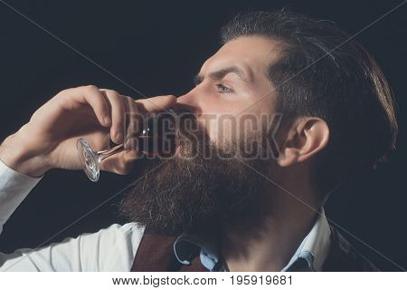 Man With Long Beard And Moustache Drinking Red Wine