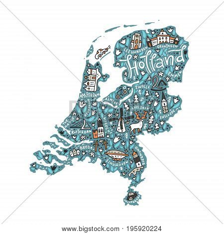 Vector illustration of Holland Map with national symbols.