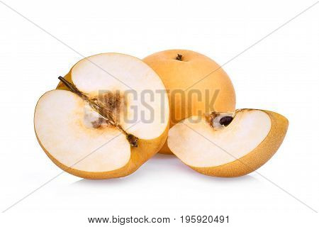 whole and half of snow pear fruit isolated on white background