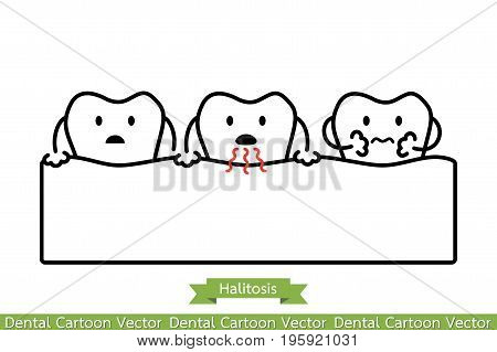 Tooth Is Halitosis, Bad Breath Concept - Cartoon Vector Outline Style