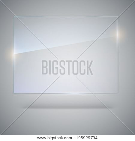 Blank, transparent vector glass plate. Vector template, mock-up banner with copy-space. Photo realistic texture with highlights and glow on the background. See through the plastic, 3D illustration.