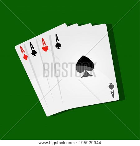 Four aces lay in row with black and red suits on green play field at casino. Winning combination in card games. Equipment for poker and blackjack. Lucky set in gambling isolated vector illustration.