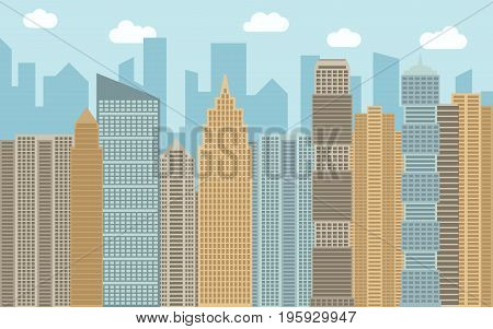 Vector urban landscape illustration. Street view with cityscape skyscrapers and modern buildings at sunny day. City space in flat style background concept.