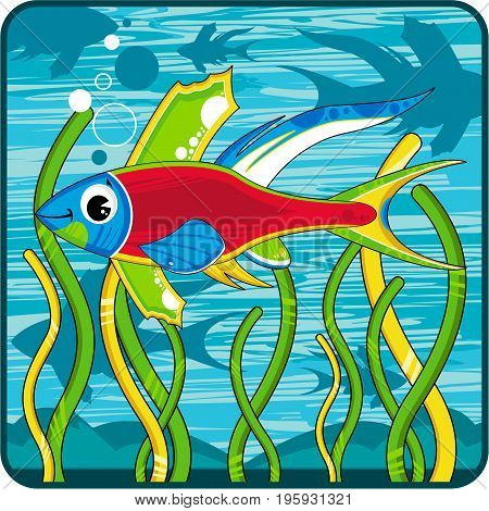 Cute Cartoon Tropical Fish Character Swimming Underwater
