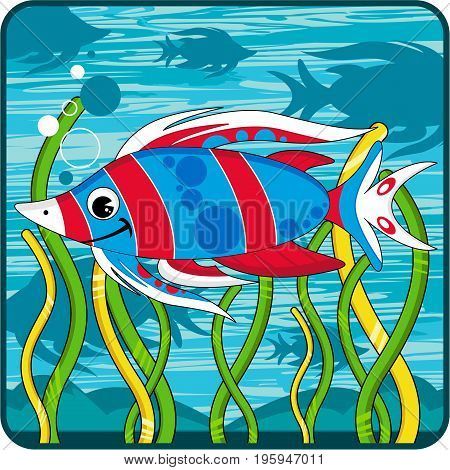 Cute Cartoon Tropical Fish Character Swimming Underwater