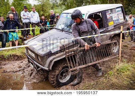 LUBOTIN UKRAINE - JULY 23 2016: RFC Ukraine Wild Boar Challenge 2016. Team on Toyota LandCruiser Prado 70 using sand tracks.