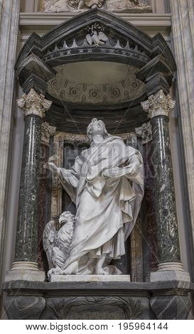 The statue of St. John by Rusconi in the Archbasilica St.John Lateran San Giovanni in Laterano in Rome. Rome Italy June 2017