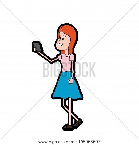 beauty woman with hairstyle and smartphone in the hand vector illustrtaion