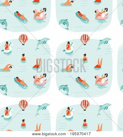 Hand drawn vector abstract summer time fun seamless pattern with swimming happy people in sea water with jumping dolphins isolated on blue background.