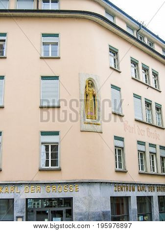Zurich, Switzerland - August 9, 2007: View Of Downtown City With Zentrum Karl Der Grosse Sign