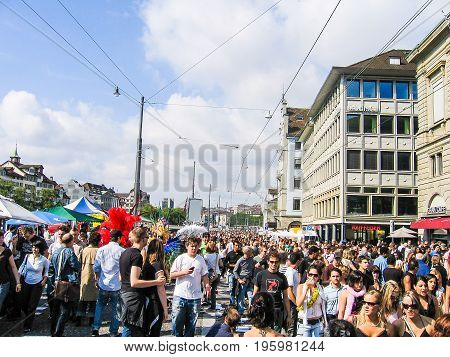 Zurich, Switzerland - August 11, 2007: Techno Street Parade With Crowd Of Many People