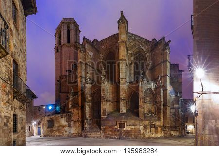 Cathedral of the Holy Cross and Saint Eulalia at night, as seen Freneria Street, Barcelona, Catalonia, Spain