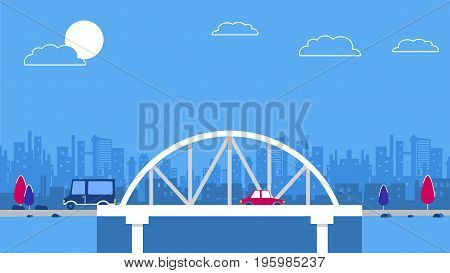 A bridge on the city sky scrapers background. Red retro style cars. Blue and red color schemes