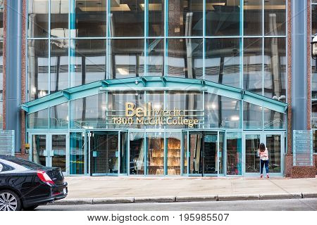 Montreal Canada - May 26 2017: Bell Media McGill College building with sign in downtown area in Quebec region