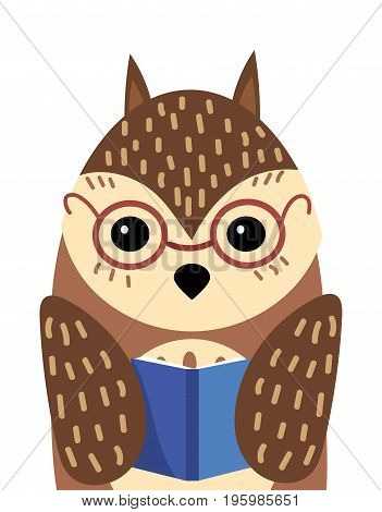 A cartoon portrait of an owl with a book. Stylized owl wearing glasses. Art for children.