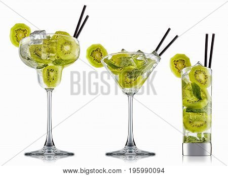 fresh fruit alcohol cocktail or mocktail in classic glass with ice cubes, kiwi and mint isolated on white background
