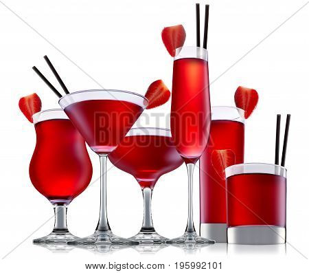 fresh fruit alcohol cocktail or mocktail in classic glass with red beverage isolated on white background